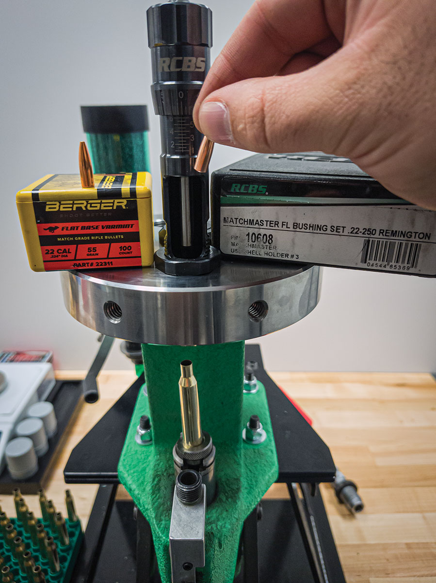Bullets were seated using an RCBS MatchMaster Seater Die made for 22-250 Remington. Despite this, the die worked wonderfully well with the 220 Swift and made seating flatbase bullets easy.